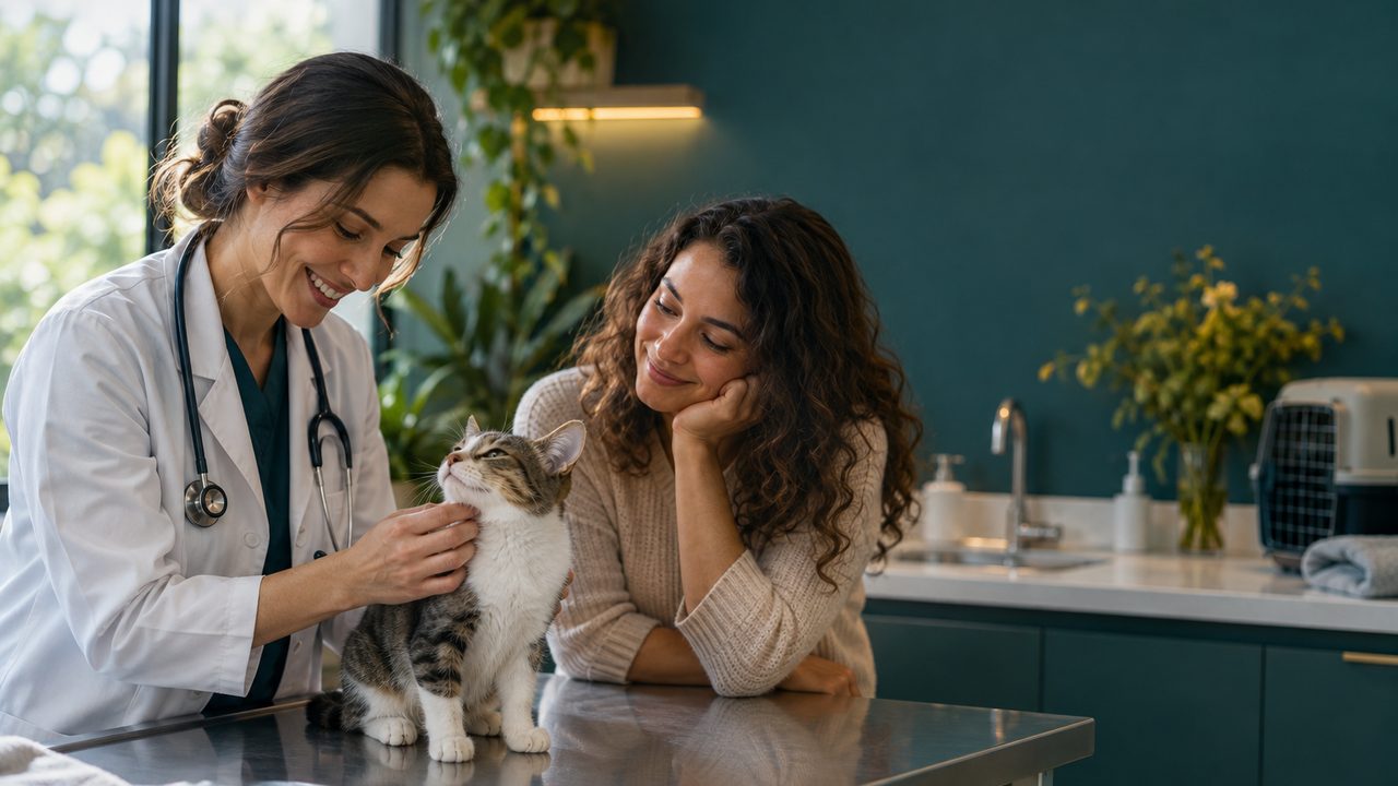 Médica veterinária acariciando um gato pequeno na mesa do consultório enquanto a tutora acompanha