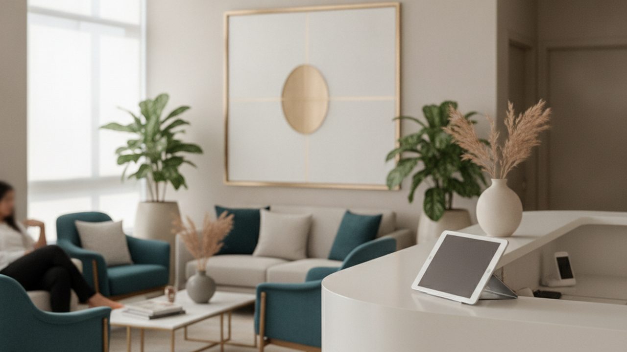 Sala de espera elegante de clínica de estética, tons neutros, plantas e balcão de recepção