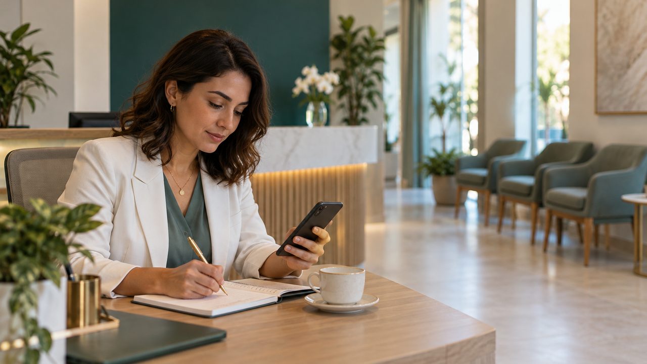 Gestora de clínica sentada em uma mesa ao lado da recepção pela manhã, com o celular na mão e anotações em um caderno