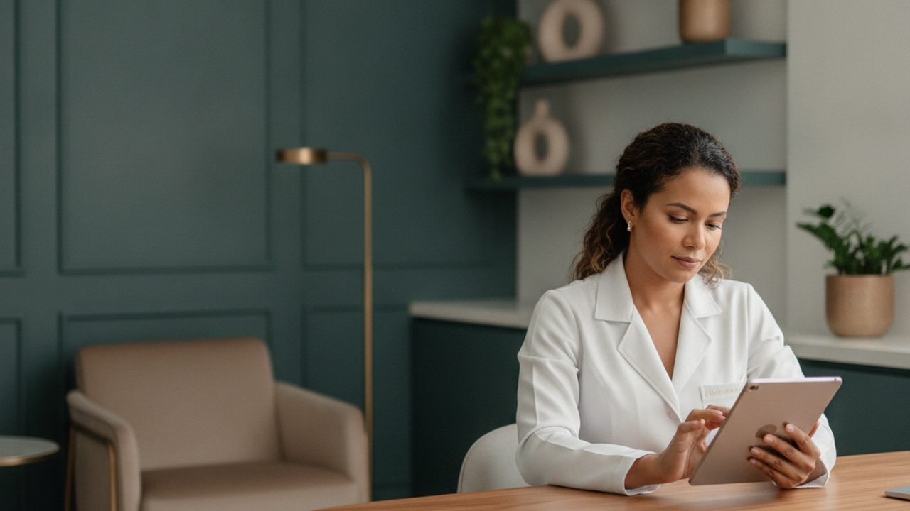 Médica de jaleco branco em consultório olhando um tablet