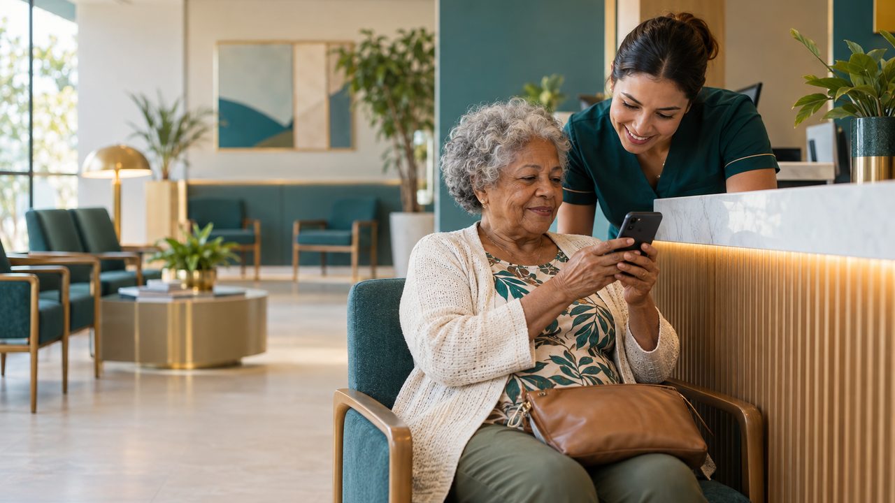 Senhora sentada na sala de espera clara de uma clínica segurando o celular com as duas mãos enquanto a recepcionista se inclina ao lado dela no balcão