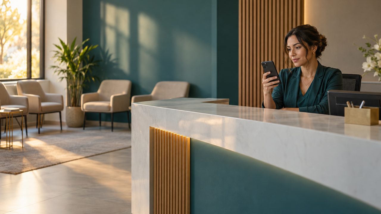 Recepcionista sentada no balcão de uma clínica no fim da tarde segurando o celular, com a sala de espera vazia ao fundo