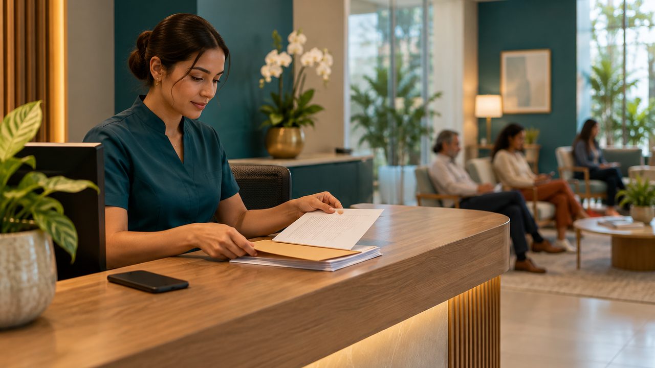 Recepcionista no balcão de madeira de uma clínica clara organizando envelopes e documentos impressos, com o celular virado para baixo ao lado