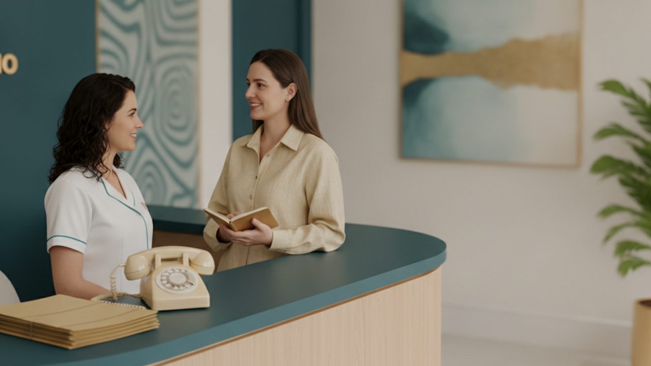 Recepção de clínica com atendente conversando com uma paciente