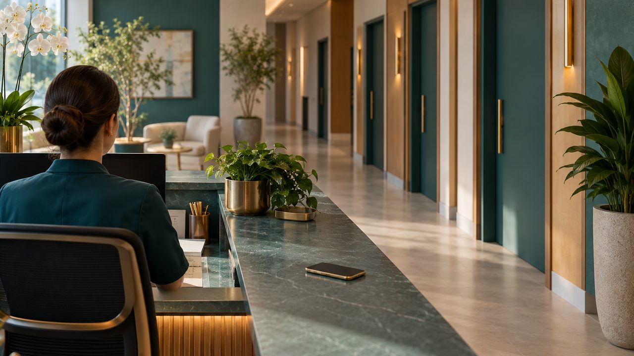 Recepção de uma clínica com várias especialidades, recepcionista de costas olhando para as portas dos consultórios, celular apoiado no balcão, luz natural
